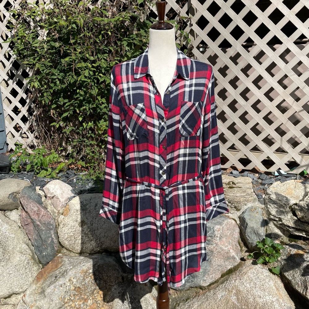 Cupid’s Diary Belted Plaid Flannel Lightweight Shirt Dress w/ Tie Waist Belt